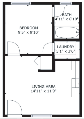 Floor plan for 1 bed, 1 bath, 336 sqft